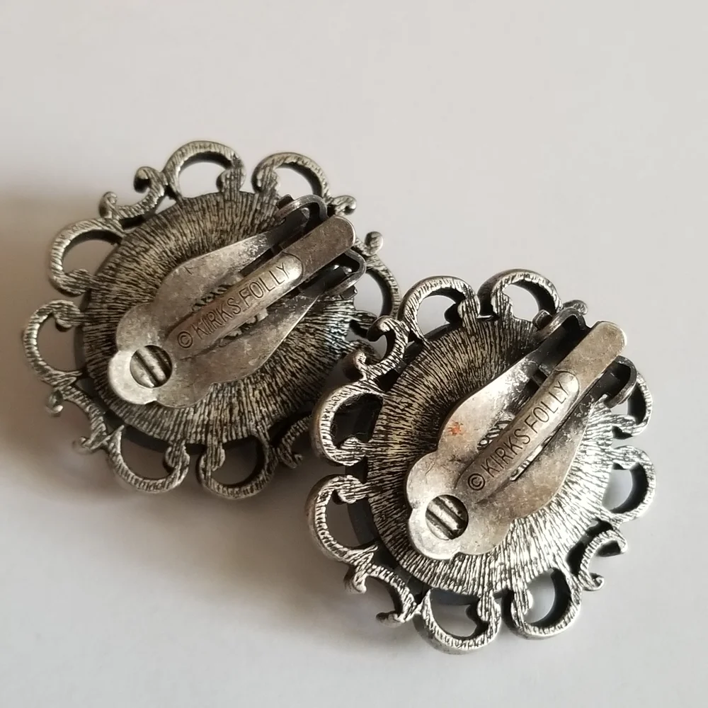 Vintage Kirk's Folly earrings Faux opal silver tone clipon clip back oval
